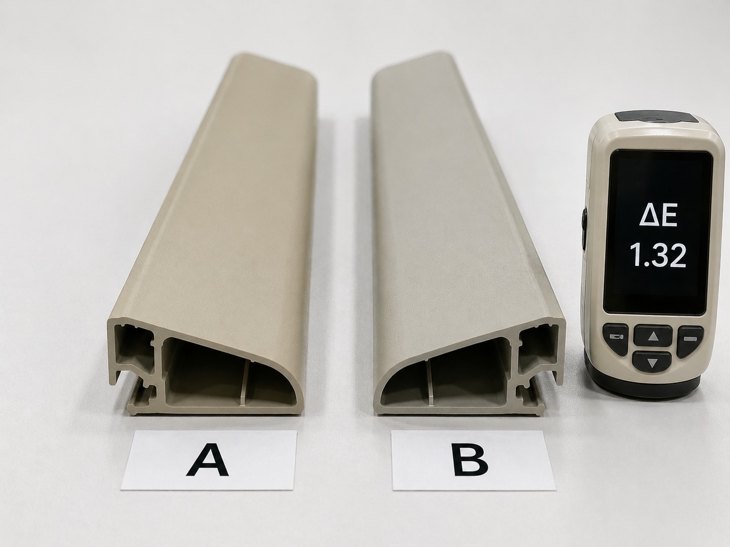 Comparison of two custom colored ABS trim profiles showing subtle batch-to-batch color drift in industrial assembly